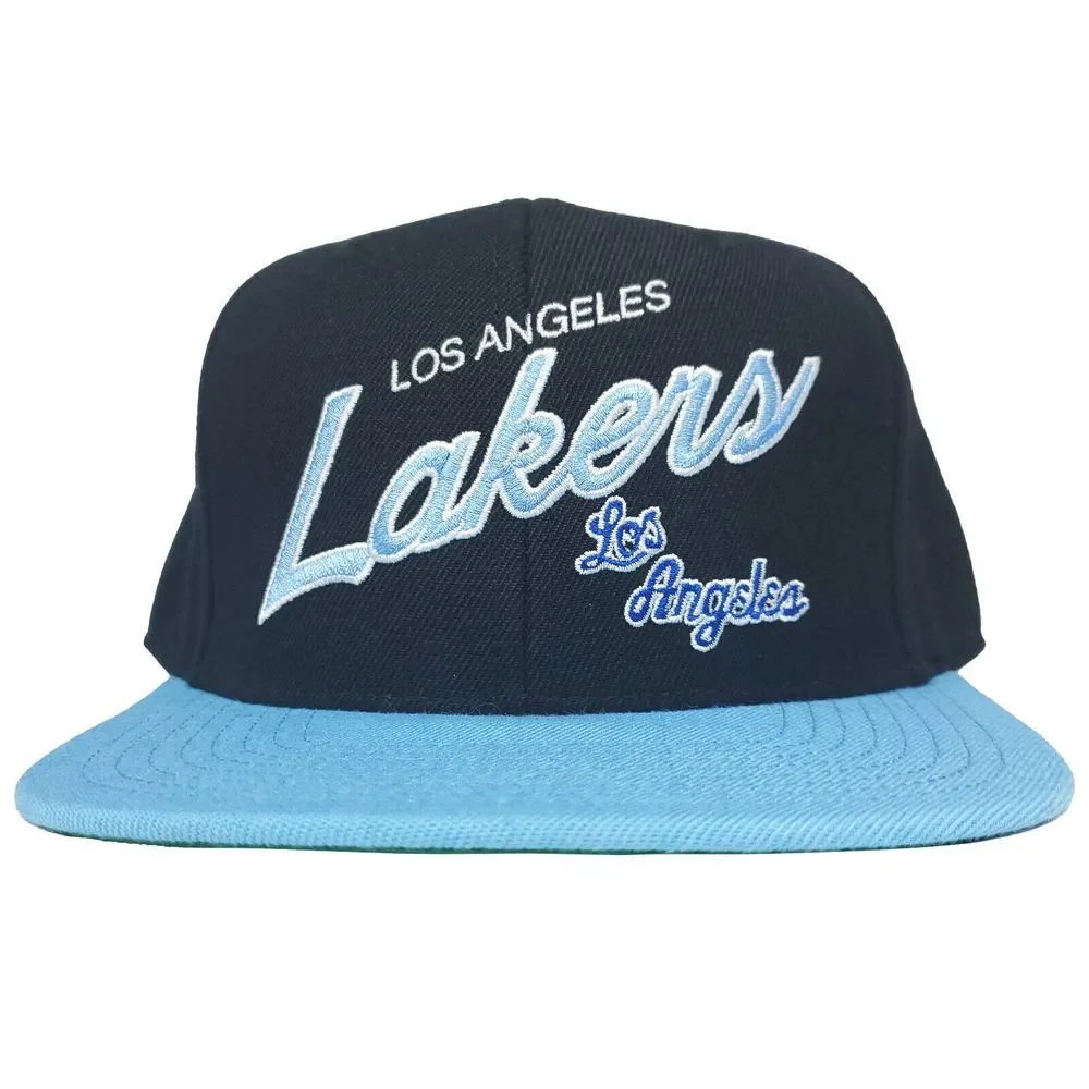 LA Lakers Mitchell & Ness Fitted 7 1/4‎ Flatbill Hat Cap Script Logo Black New